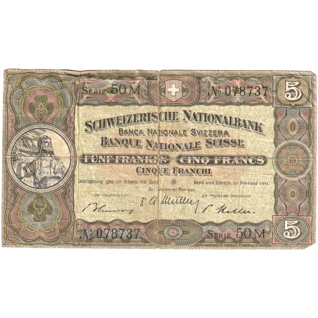 Suiza, 5 Franken, 1951-02-22, BC+