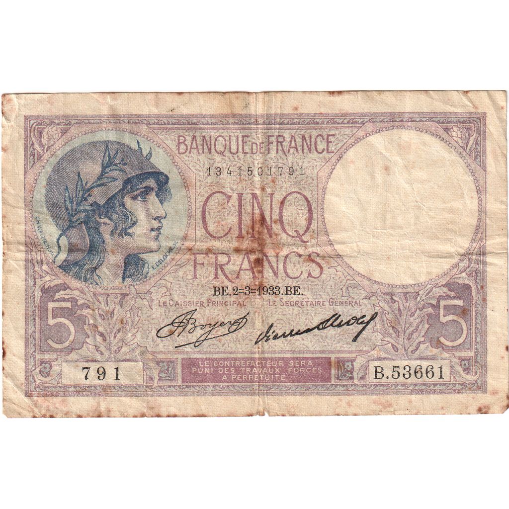 França, 5 Francs, 1933-03-02, B.53661, VF(20-25)