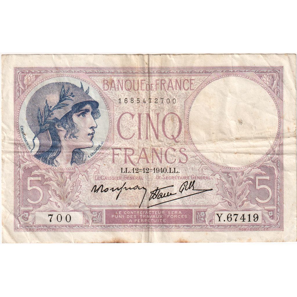Frankreich, 5 Francs, 1940-12-12, Y.67419, S+