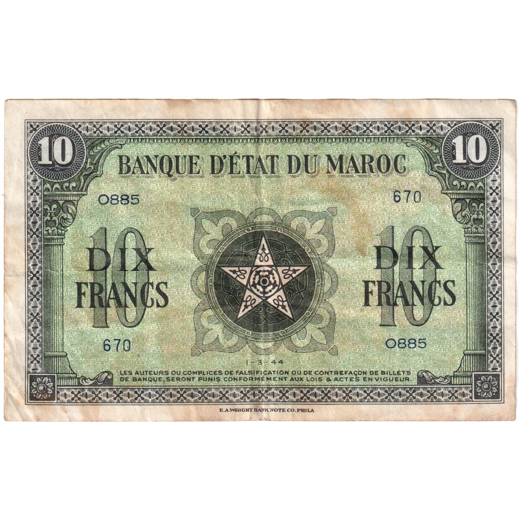 Morocco, 10 Francs, 1944-03-01, VF(30-35)