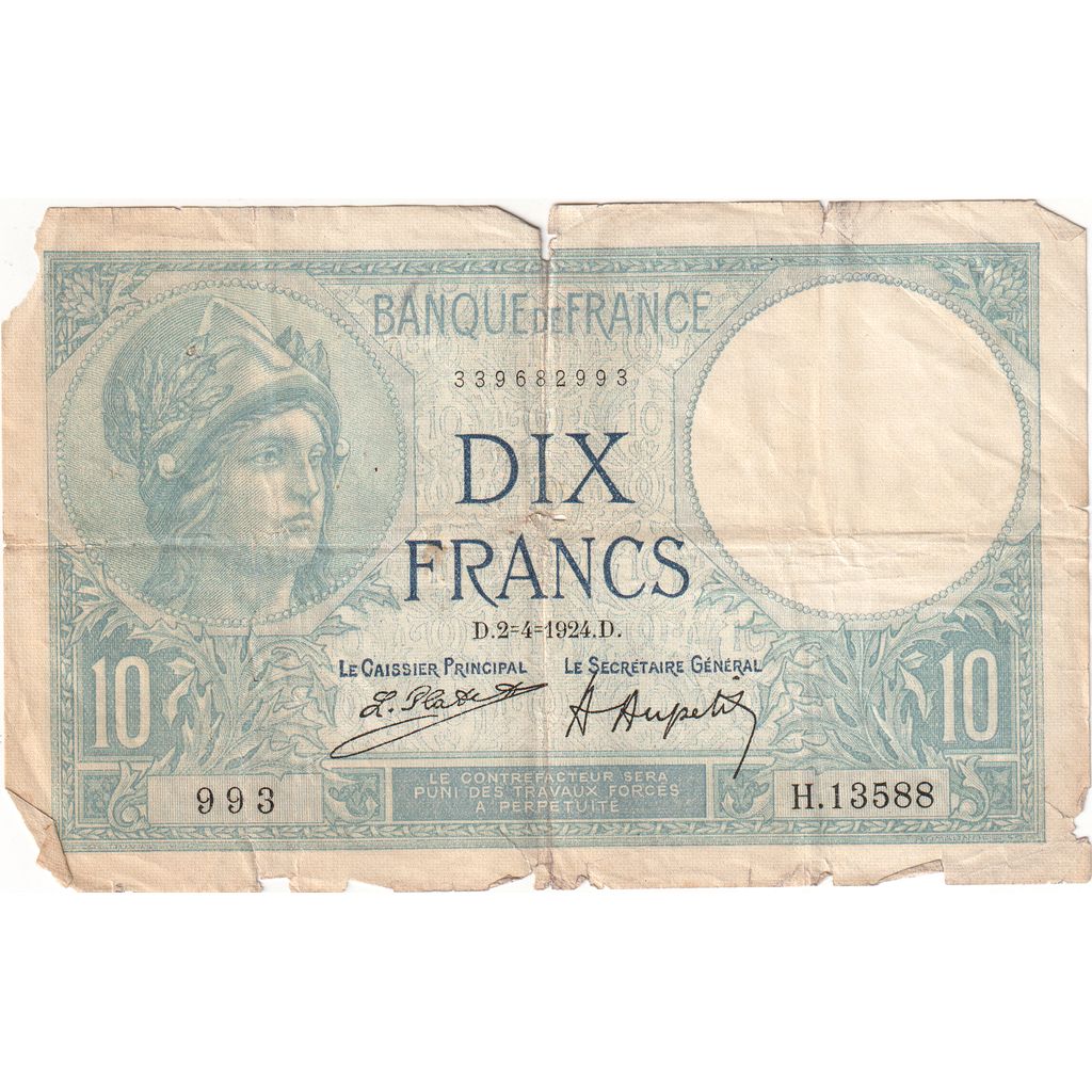 Frankrijk, 10 Francs, 1924-04-02, H.13588, B+