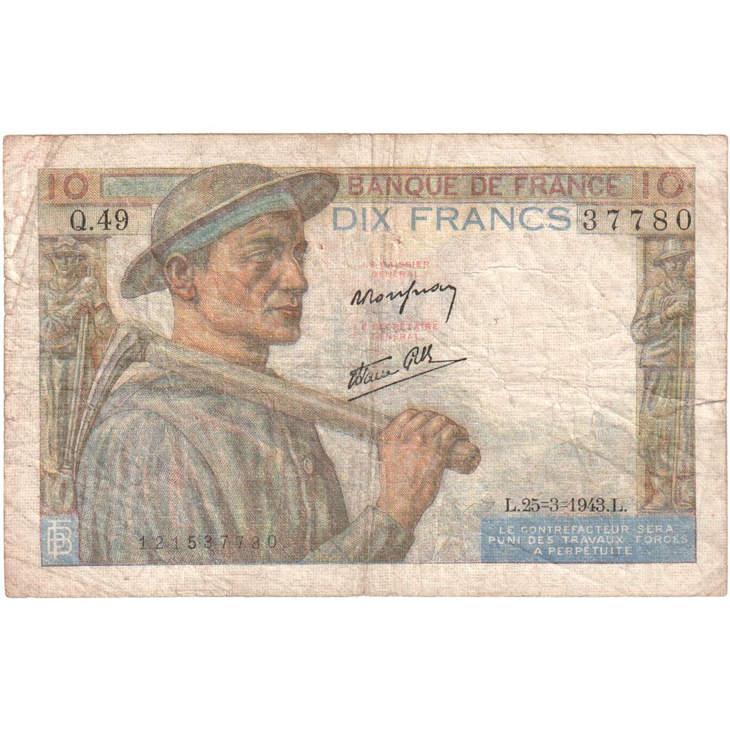 Francia, 10 Francs, Mineur, 1943-03-25, Q.49, MB+