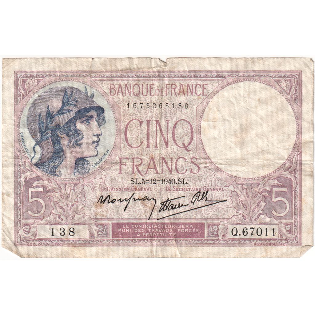 Francja, 5 Francs, Violet, 1940-12-05, Q.67011, EF(40-45)