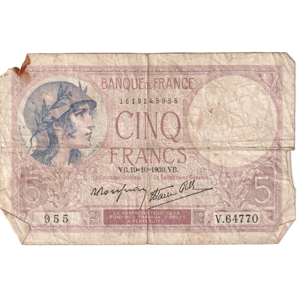 France, 5 Francs, Violet, 1939-10-19, V.64770, VF(20-25)