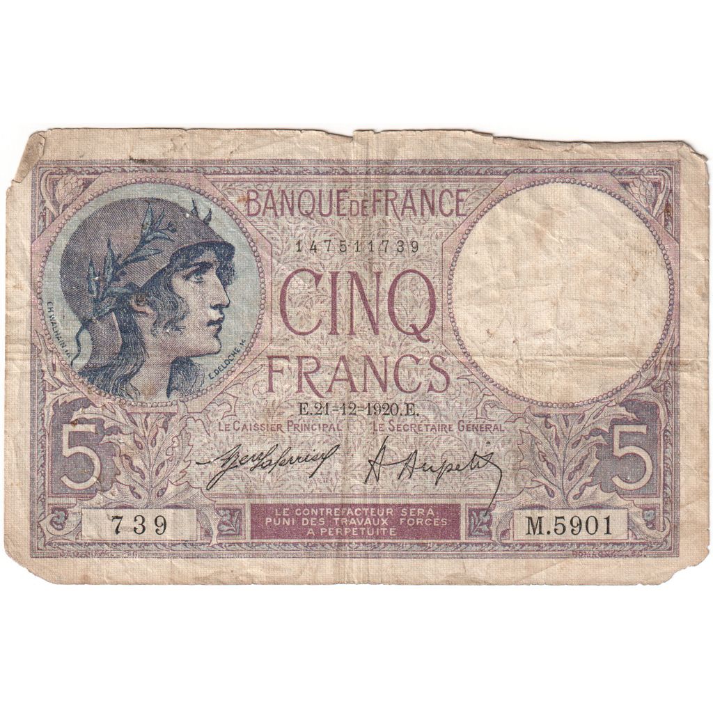Francja, 5 Francs, Violet, 1920-12-21, M.5901, VF(20-25)