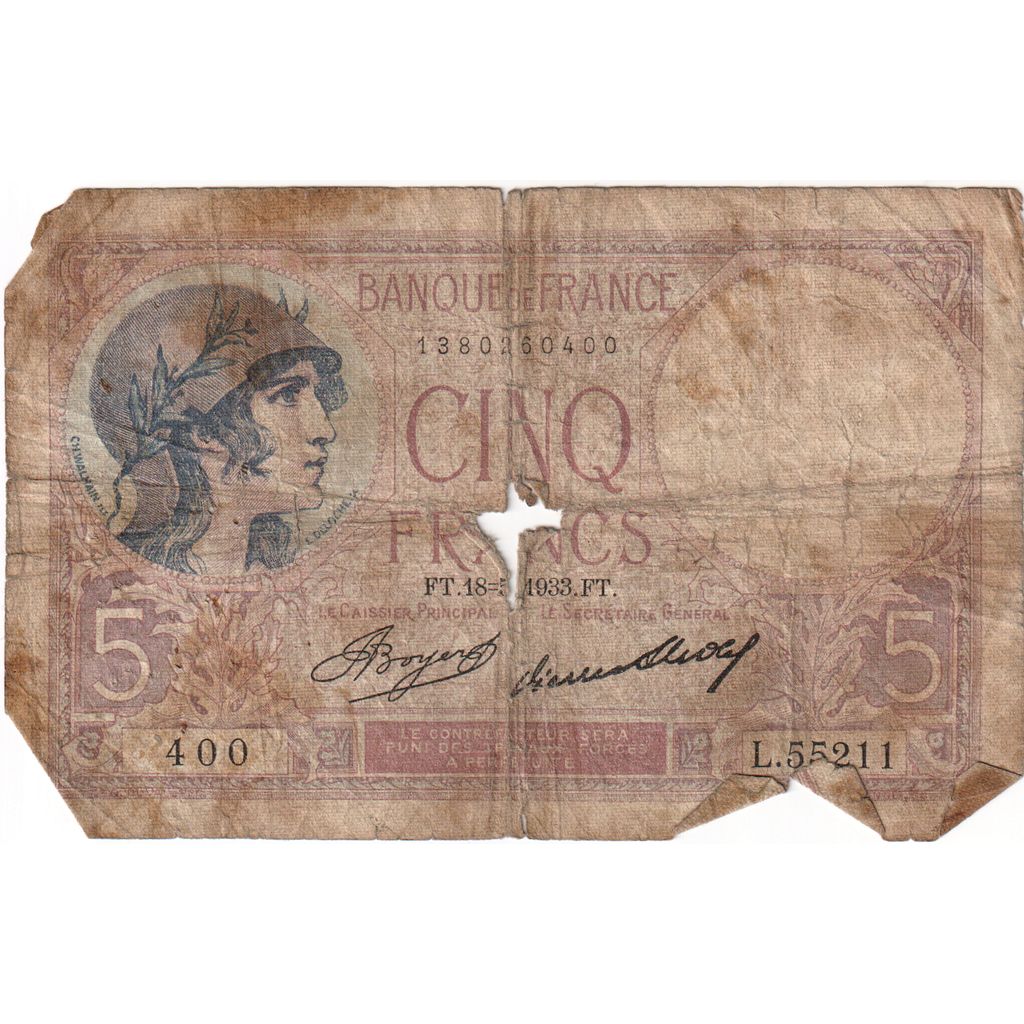 France, 5 Francs, Violet, 1933-05-18, L.55211, VG(8-10)