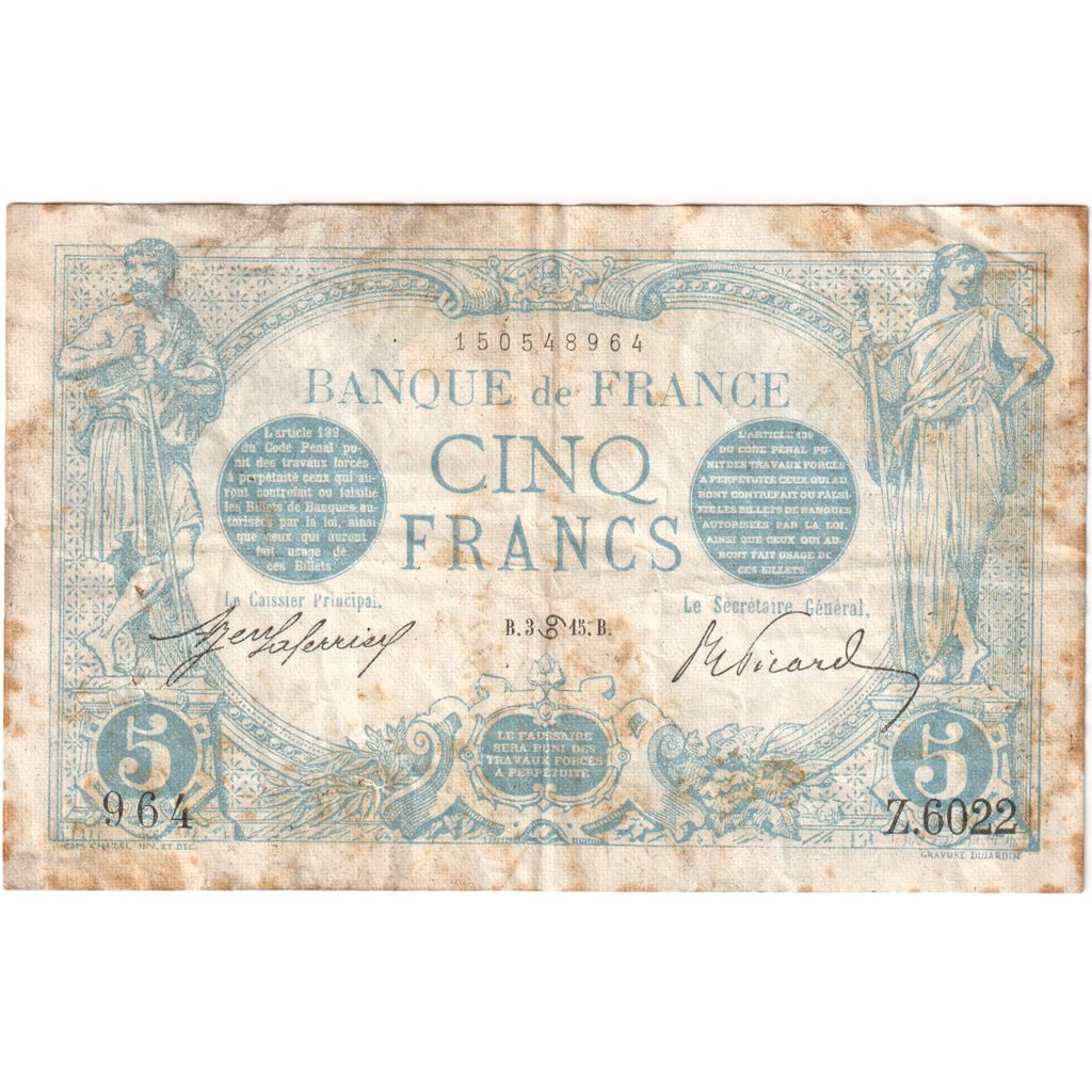 France, 5 Francs, Bleu, 1915-06-03, Z.6022, VG(8-10)