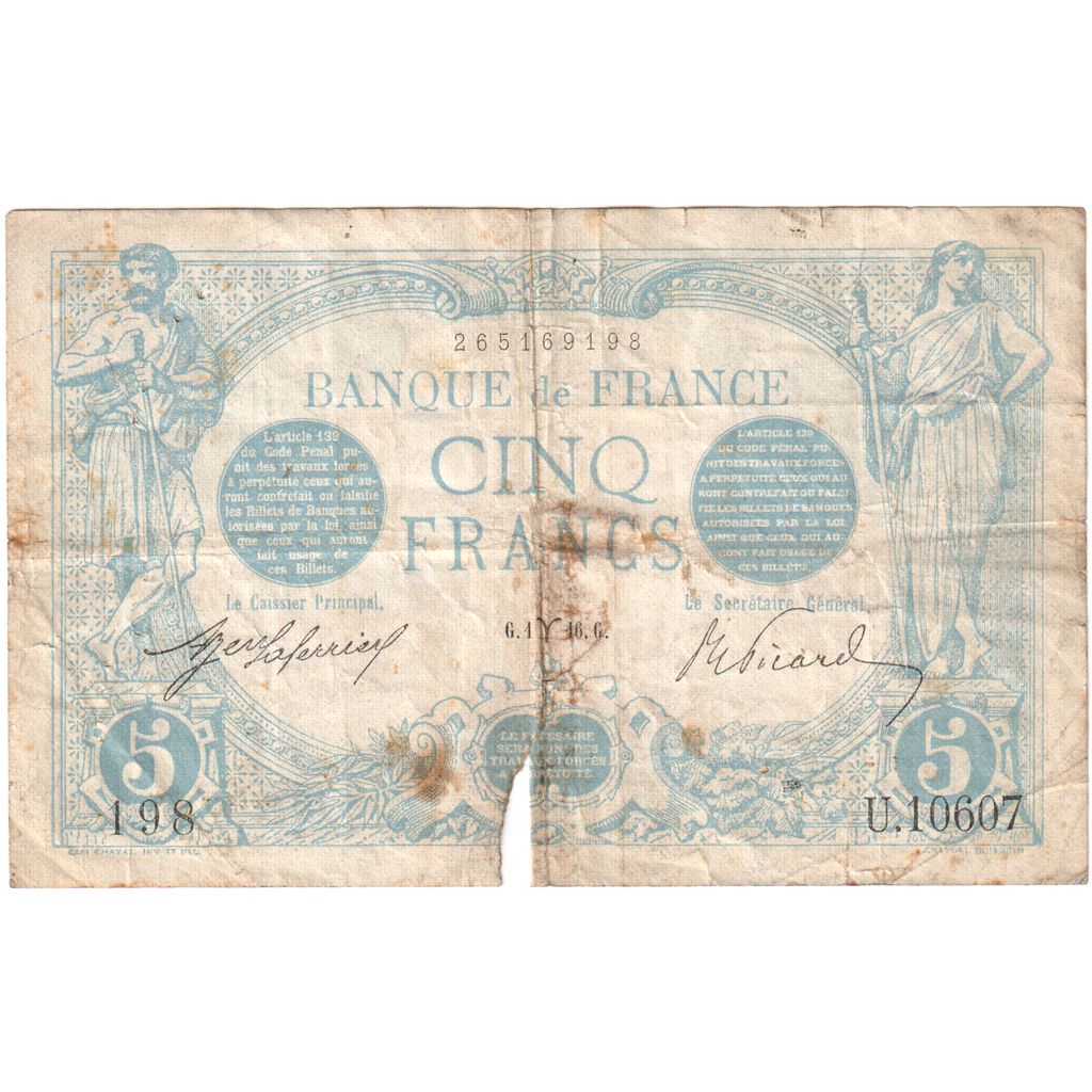 Frankreich, 5 Francs, Bleu, 1916-03-01, U.10607, SGE