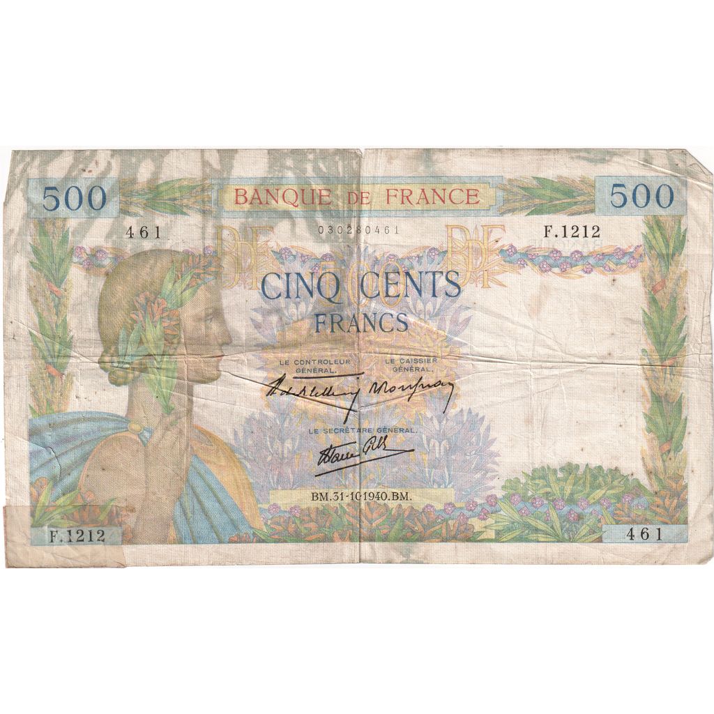 France, 500 Francs, La Paix, 1940-10-31, F.1212, AU(55-58)