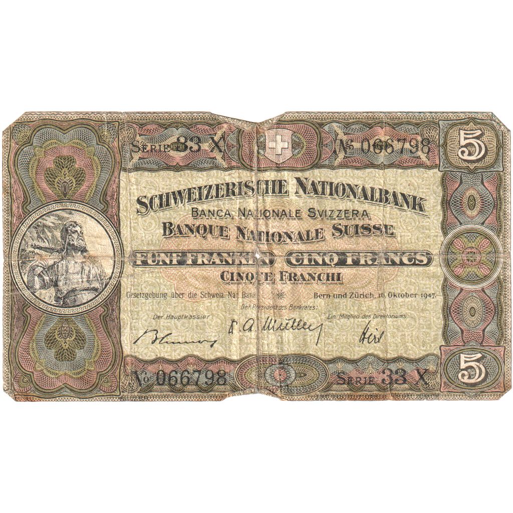 Switzerland, 5 Franken, 1947-10-16, VF(20-25)