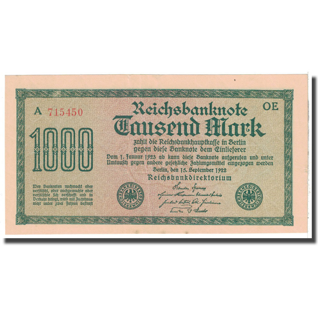Banknote, Germany, 1000 Mark, 1922, 1922-09-15, KM:76b, AU(55-58)