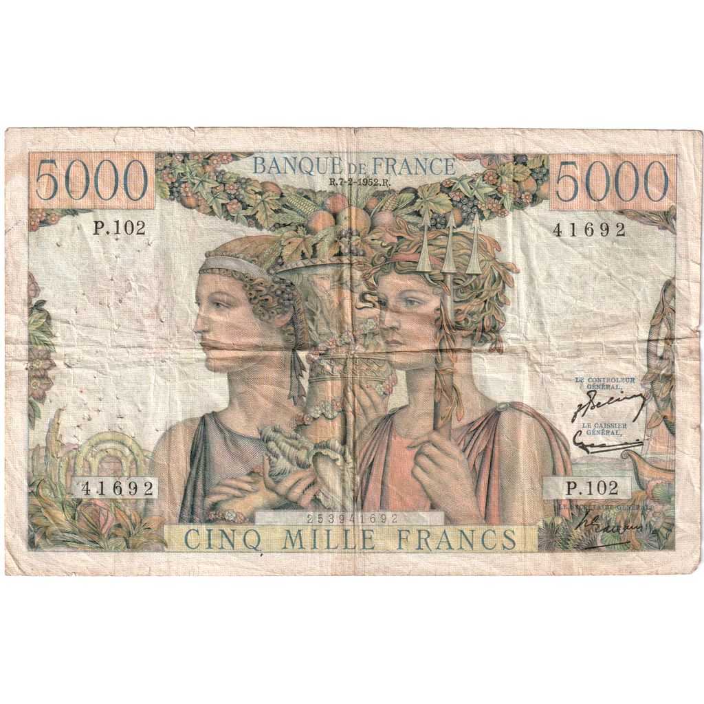 France, 5000 Francs, Terre et Mer, 1952-02-07, P.102, VF(20-25)