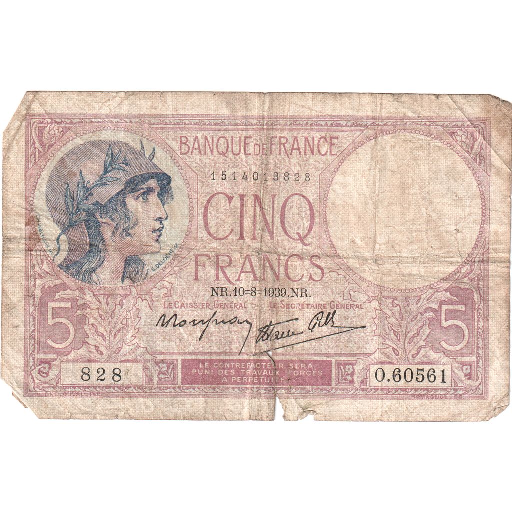Francia, 5 Francs, Violet, 1939-08-10, O.60561, BC