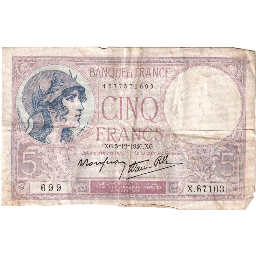 Frankrijk, 5 Francs, Violet, 1940-12-05, X.67103, TB