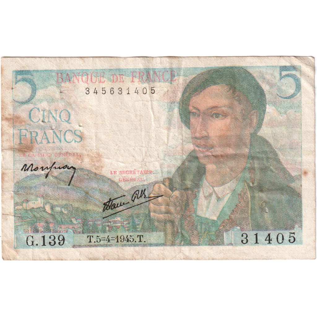 France, 5 Francs, Berger, 1945-04-05, G.139, TB+