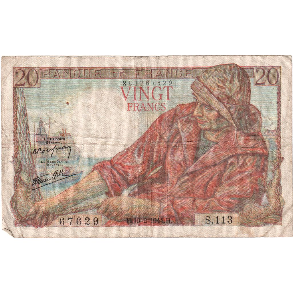 France, 20 Francs, Pêcheur, 1944-02-10, S.113, VF(20-25)