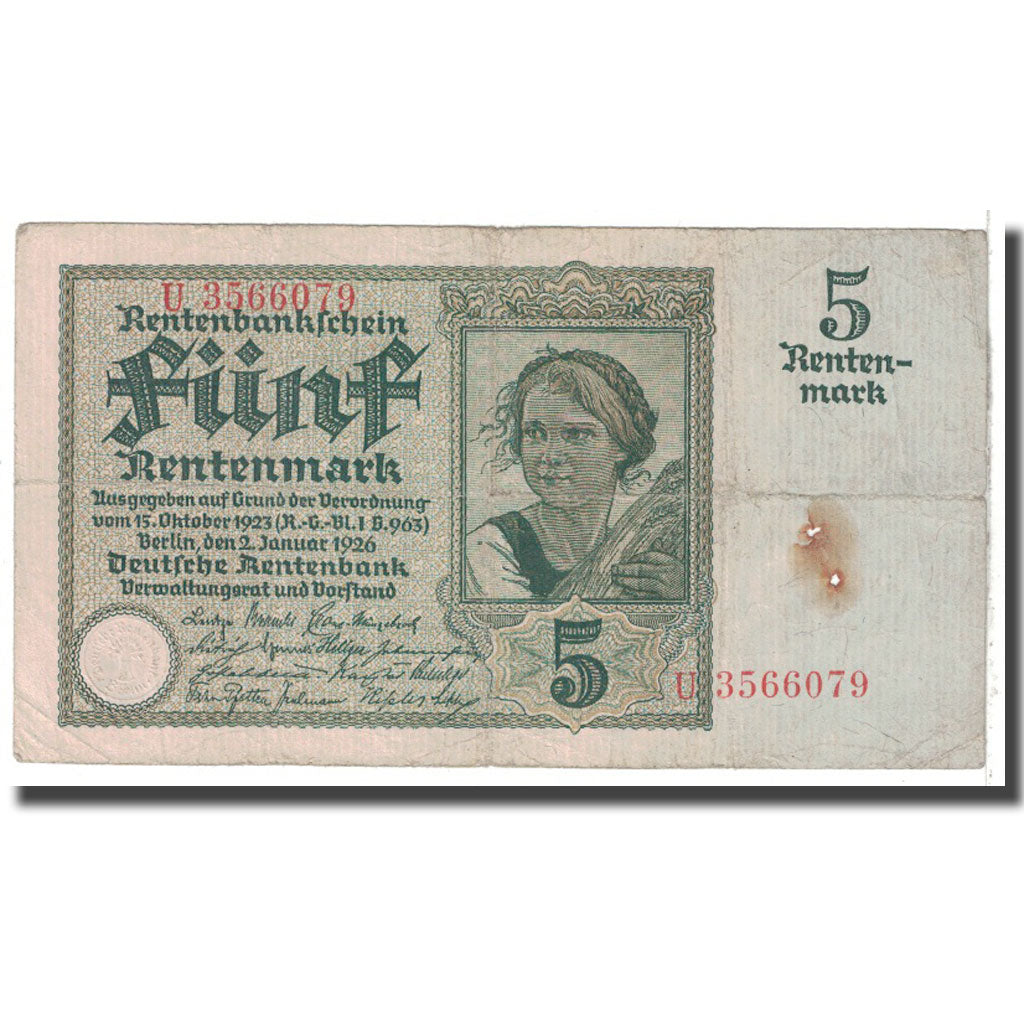 Banknote, Germany, 5 Rentenmark, 1926, 1926-01-02, KM:169, VF(20-25)