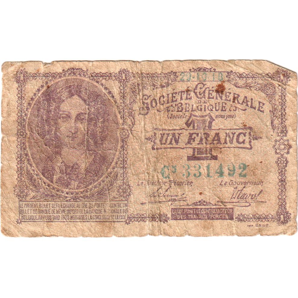 Belgique, 1 Franc, 1918-10-21, B+