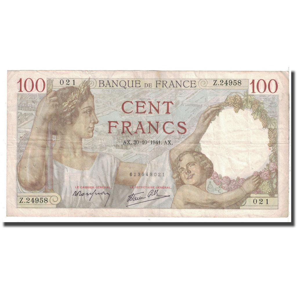 France, 100 Francs, Sully, 1941, 1941-10-30, TB, Fayette:26.59, KM:94