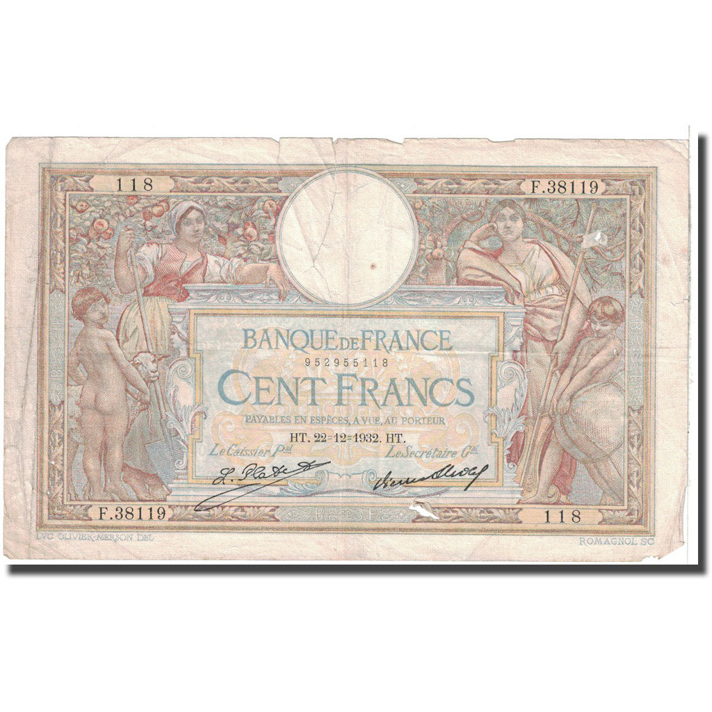 France, 100 Francs, Luc Olivier Merson, 1932, 1932-12-22, VG(8-10)