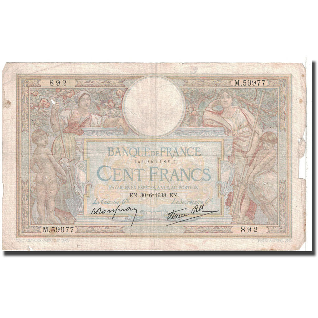 Francia, 100 Francs, Luc Olivier Merson, 1938, 1938-06-30, MB, Fayette:25.24