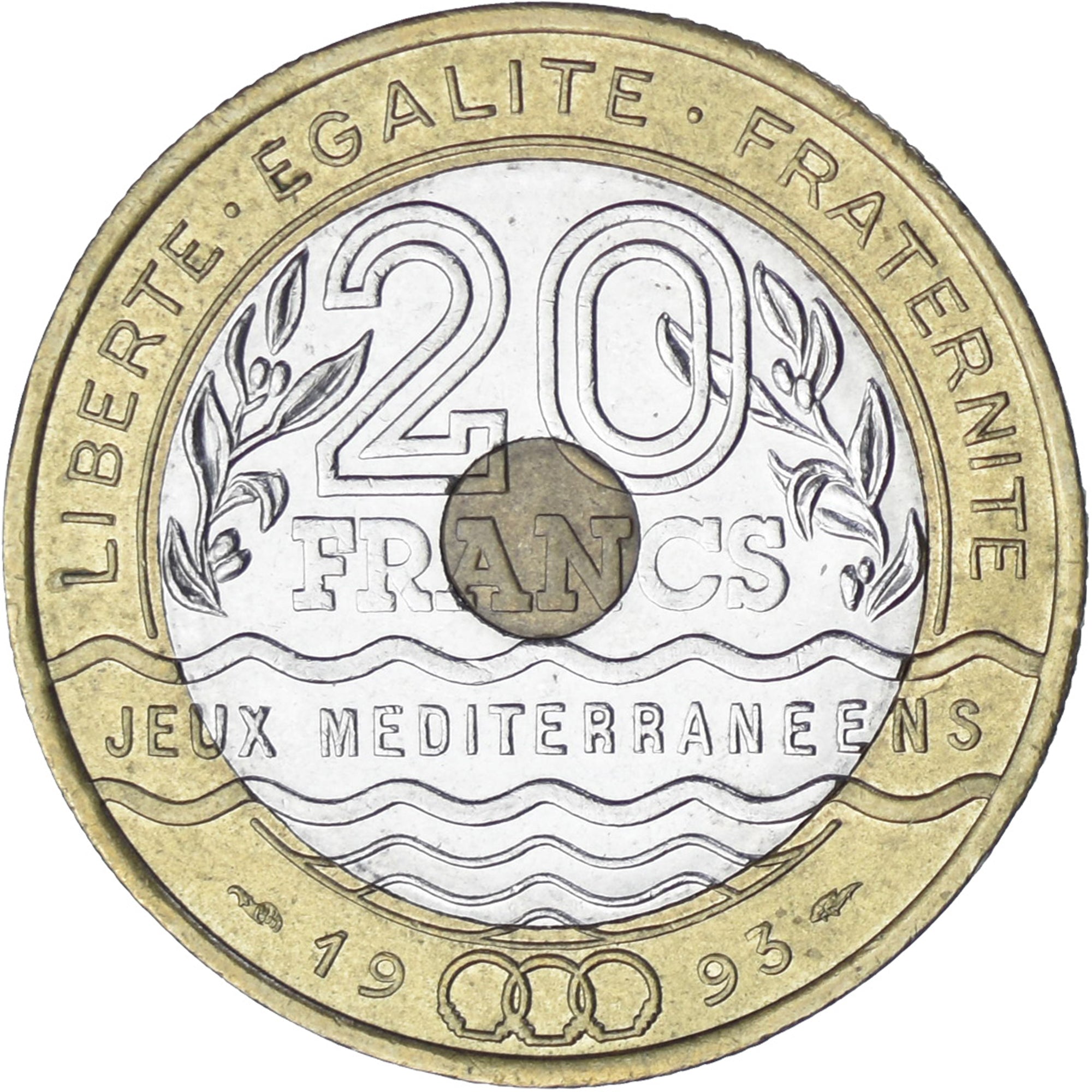 França, Jeux Méditerranéens, 20 Francs, 1993, AU(55-58), Trimetálico
