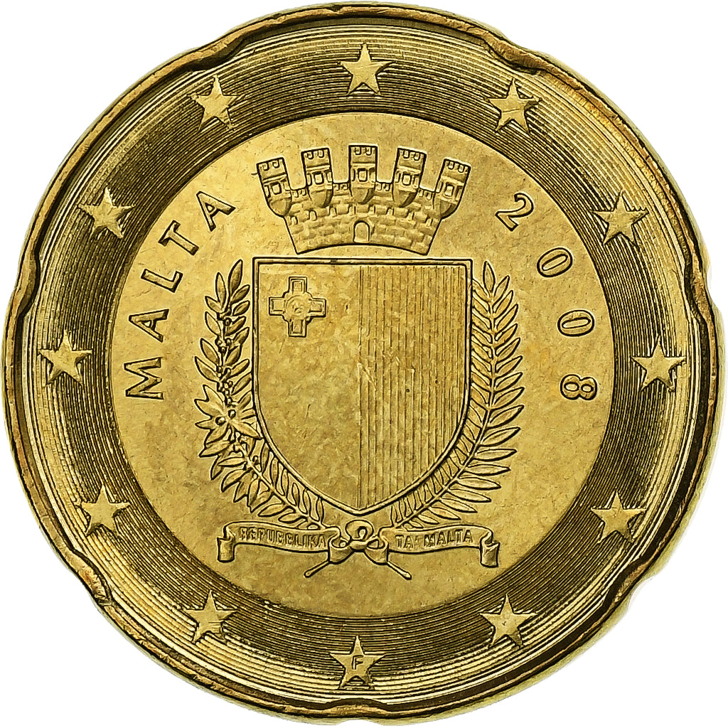 Malta, 20 Euro Cent, The arms of Malta, 2008, AU(55-58), Nordic gold