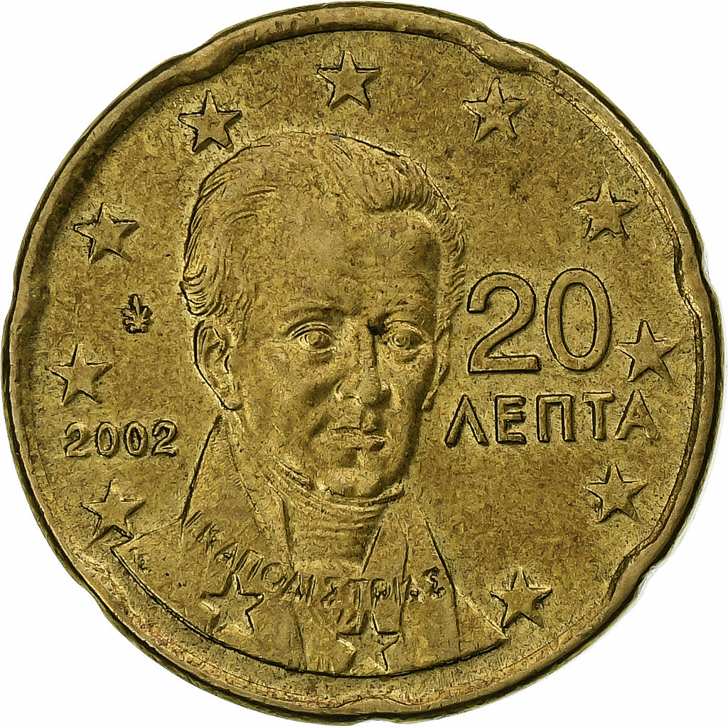 Grécia, 20 Euro Cent, 2002, Athens, MS(60-62), Latão, KM:185