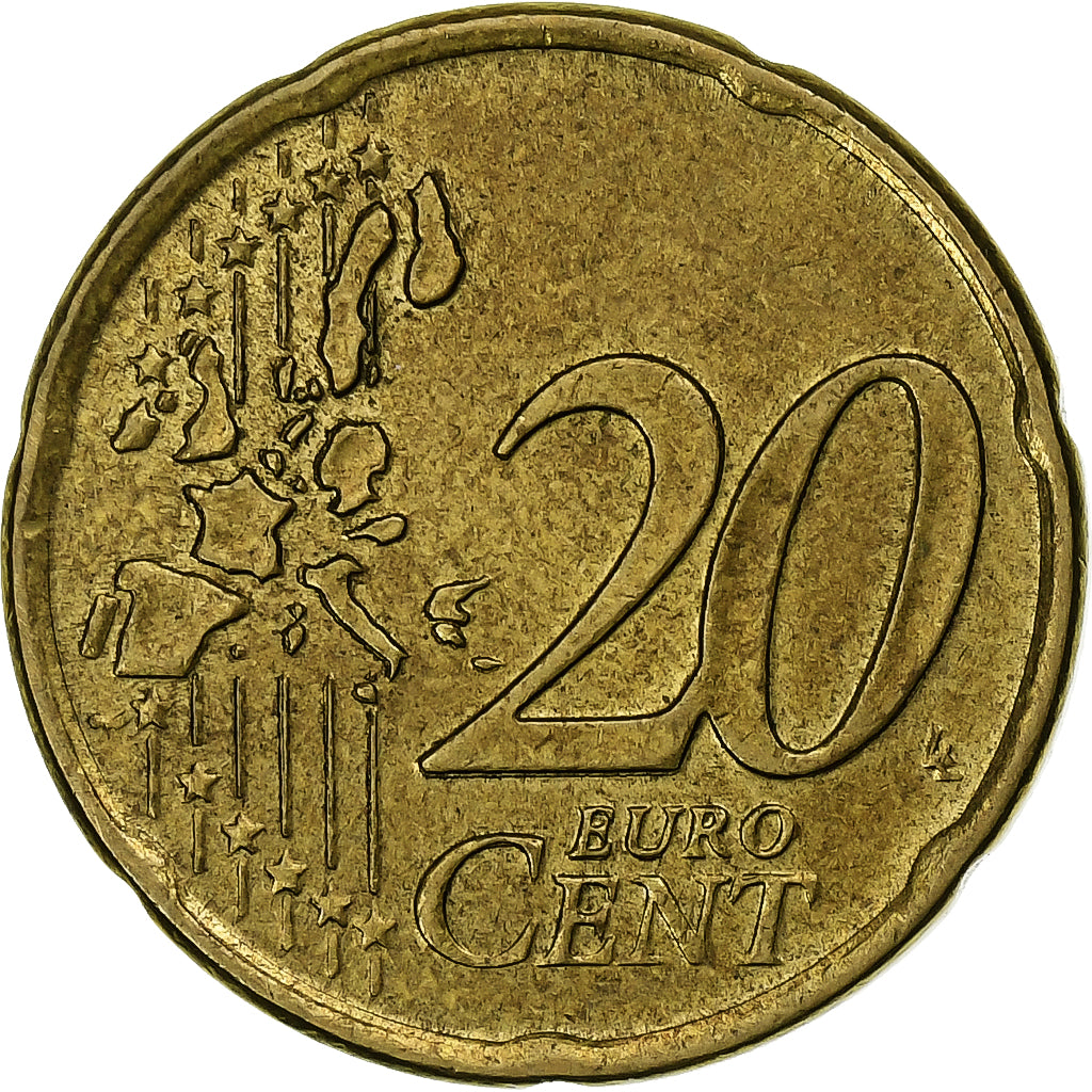Grécia, 20 Euro Cent, 2002, Athens, MS(60-62), Latão, KM:185