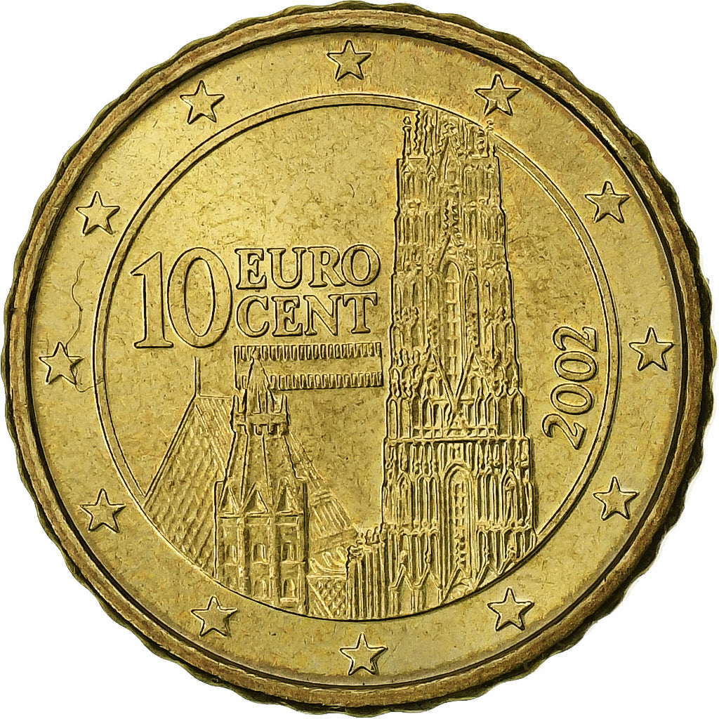 Áustria, 10 Euro Cent, 2002, Vienna, MS(63), Latão, KM:3139