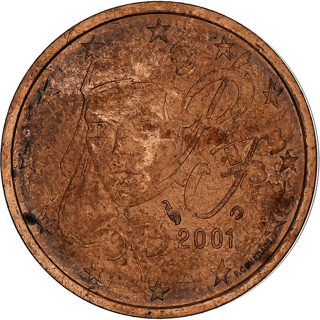Francja, 2 Euro Cent, 2001, Paris, AU(55-58), Miedź platerowana stalą, KM:1283