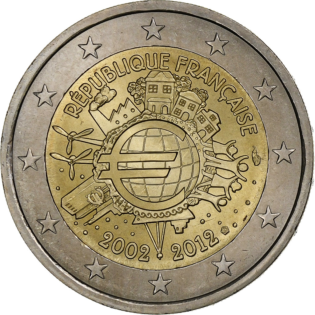 Francja, 2 Euro, 10 Jahre Euro, 2012, Paris, AU(55-58), Bimetaliczny, KM:1846