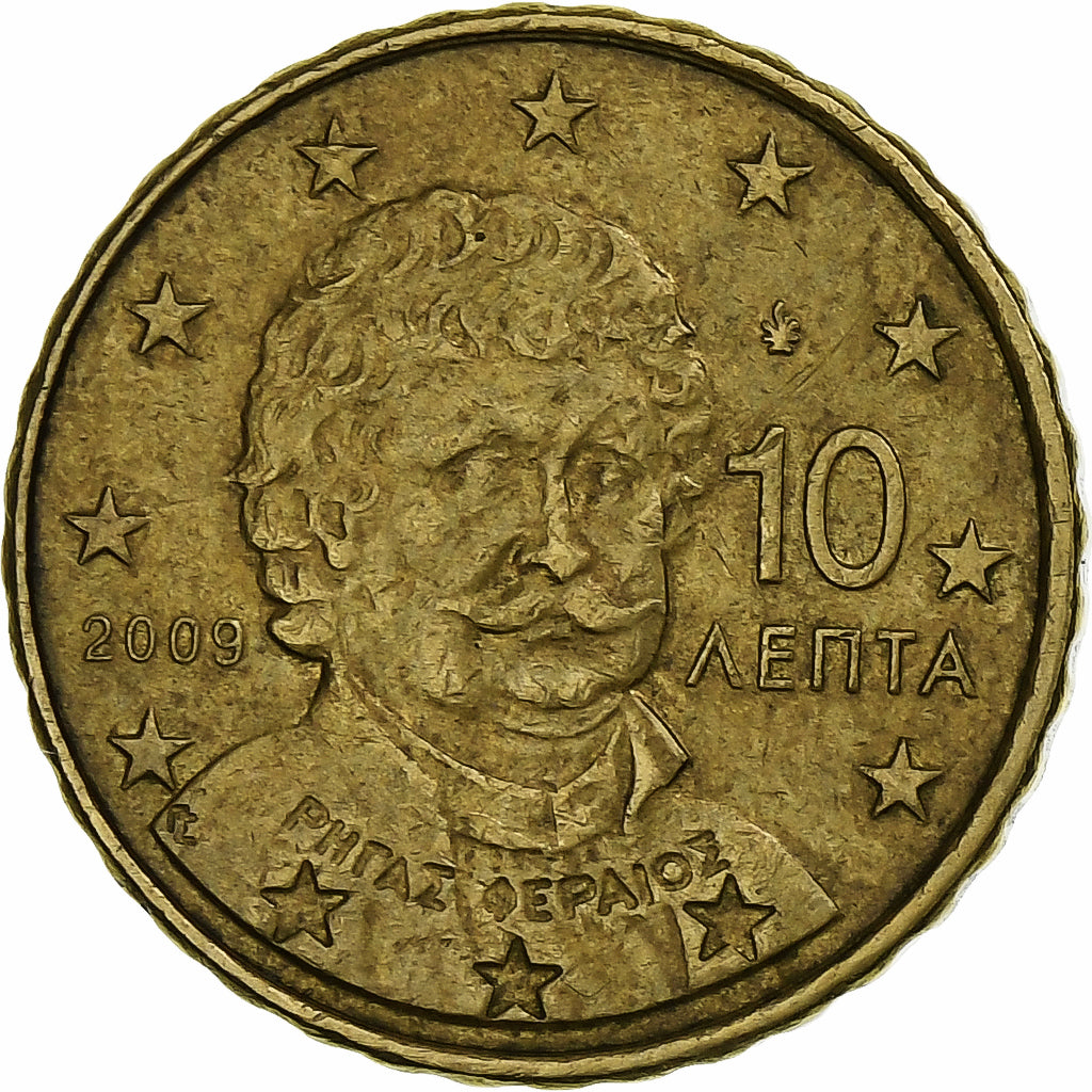 Grécia, 10 Euro Cent, 2009, Athens, VF(20-25), Latão, KM:211