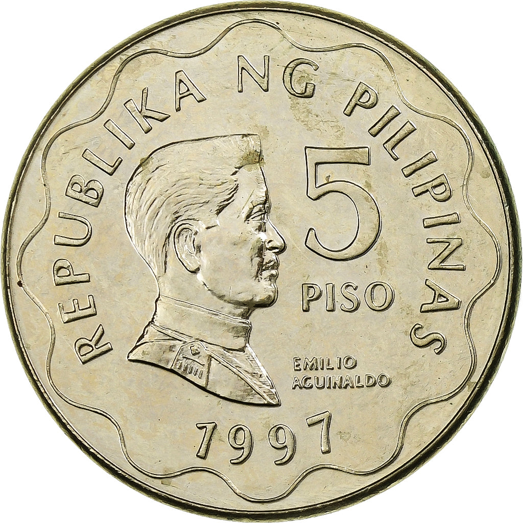 Filipiny, 5 Piso, 1997, Acier plaqué laiton, MS(63), KM:272