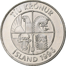Iceland, 10 Kronur, 1996, Nickel plated steel, MS(63), KM:29.1a