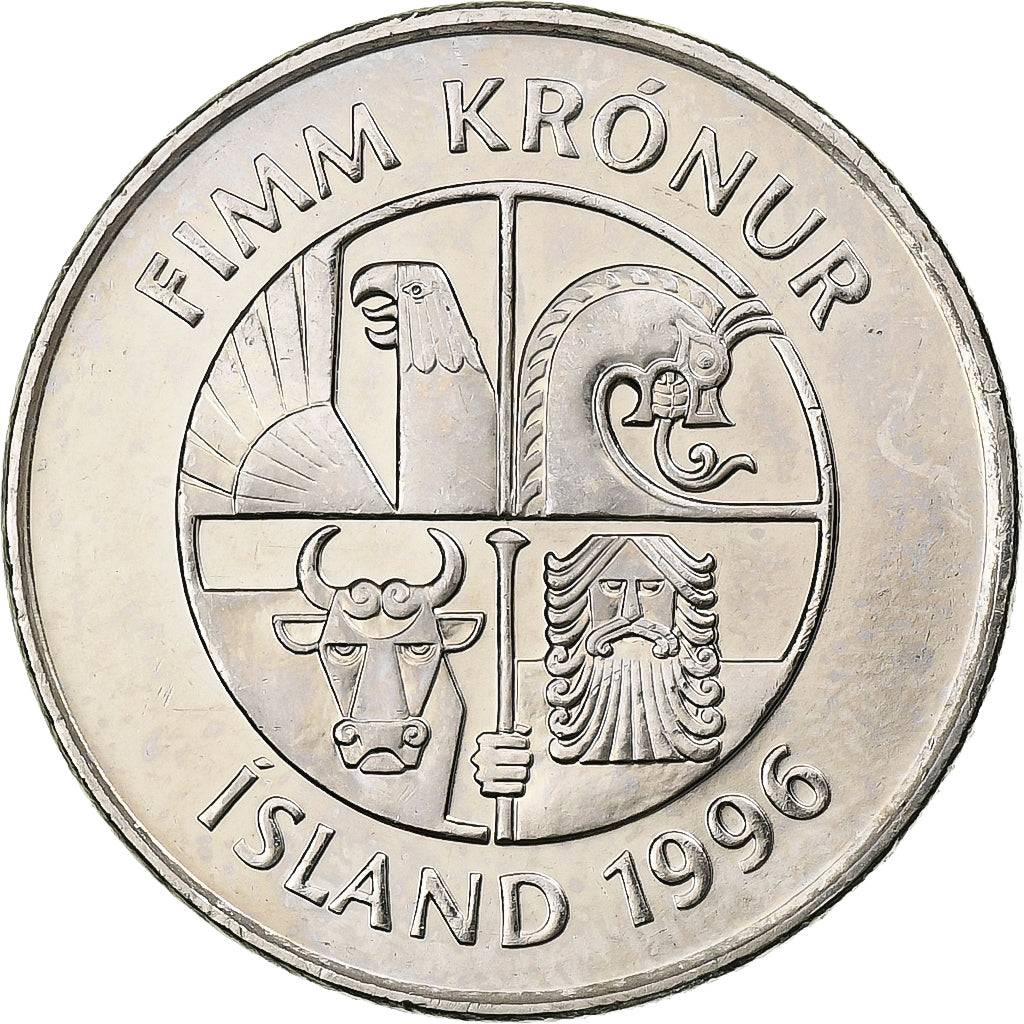Iceland, 5 Kronur, 1996, Nickel plated steel, SS, KM:28a