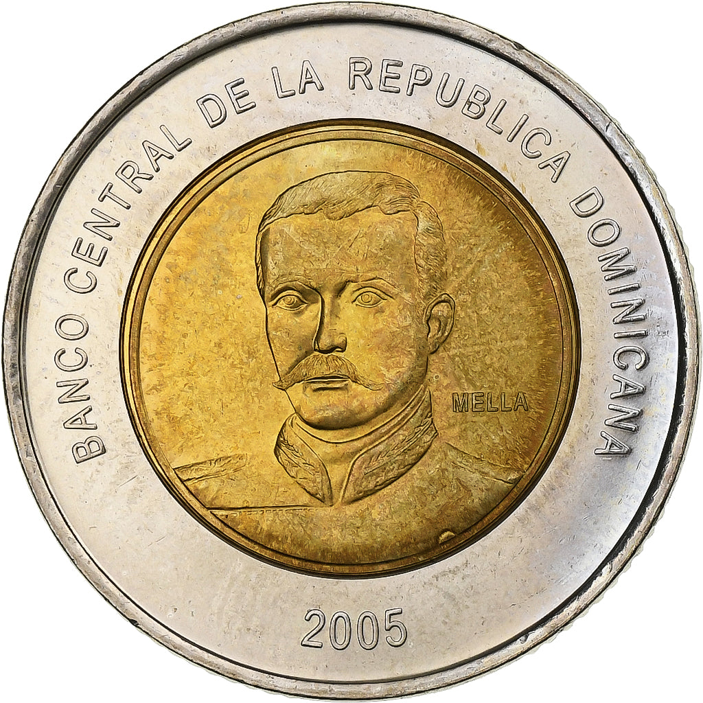 Dominican Republic, 10 Pesos, 2005, Bi-Metallic, MS(63), KM:106