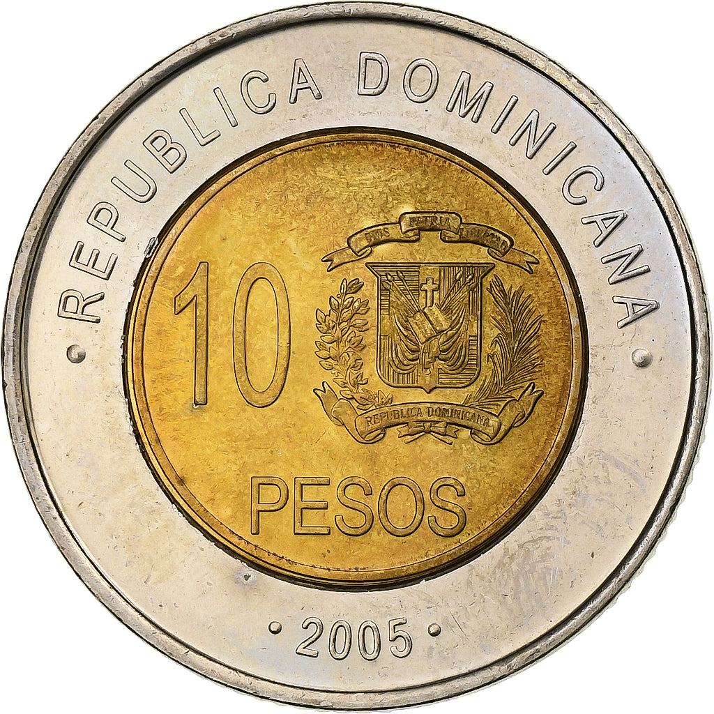 Dominican Republic, 10 Pesos, 2005, Bi-Metallic, MS(63), KM:106