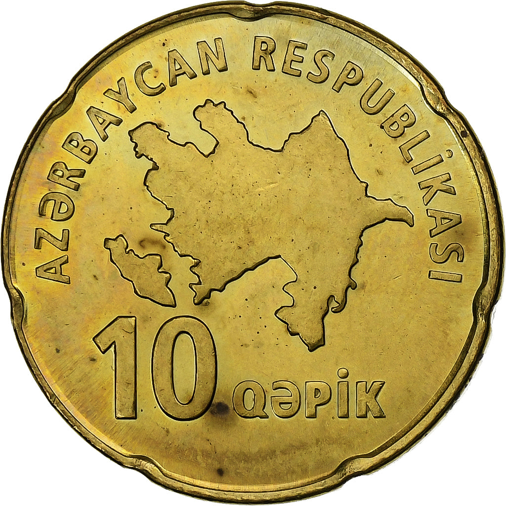 Aserbaidschan, 10 Qapik, 2006, Brass plated steel, VZ, KM:42