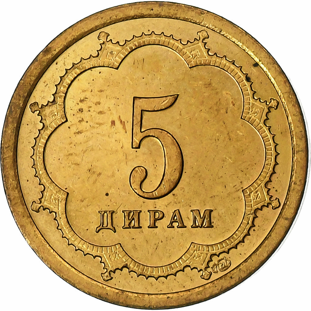 Tajikistan, 5 Drams, 2001, St. Petersburg, Brass Clad Steel, EF(40-45), KM:2.2