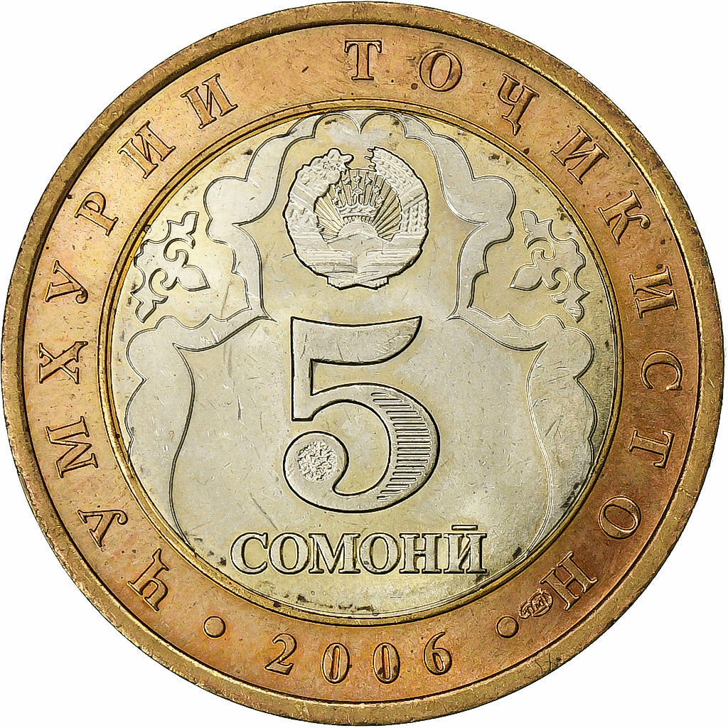 Tayikistán, 5 Somoni, 2006, St. Petersburg, Bimetálico, EBC, KM:15