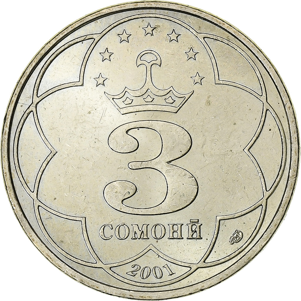 Tadjikistan, 3 Somoni, 2001, St. Petersburg, Cuivre-Nickel-Zinc (Maillechort)