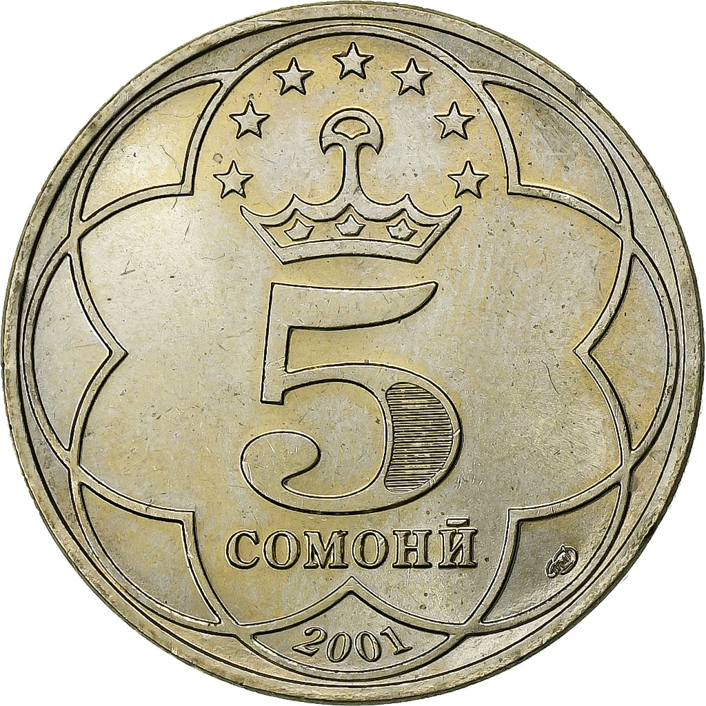 Tajikistan, 5 Somoni, 2001, St. Petersburg, Copper-Nickel-Zinc, AU(55-58), KM:9