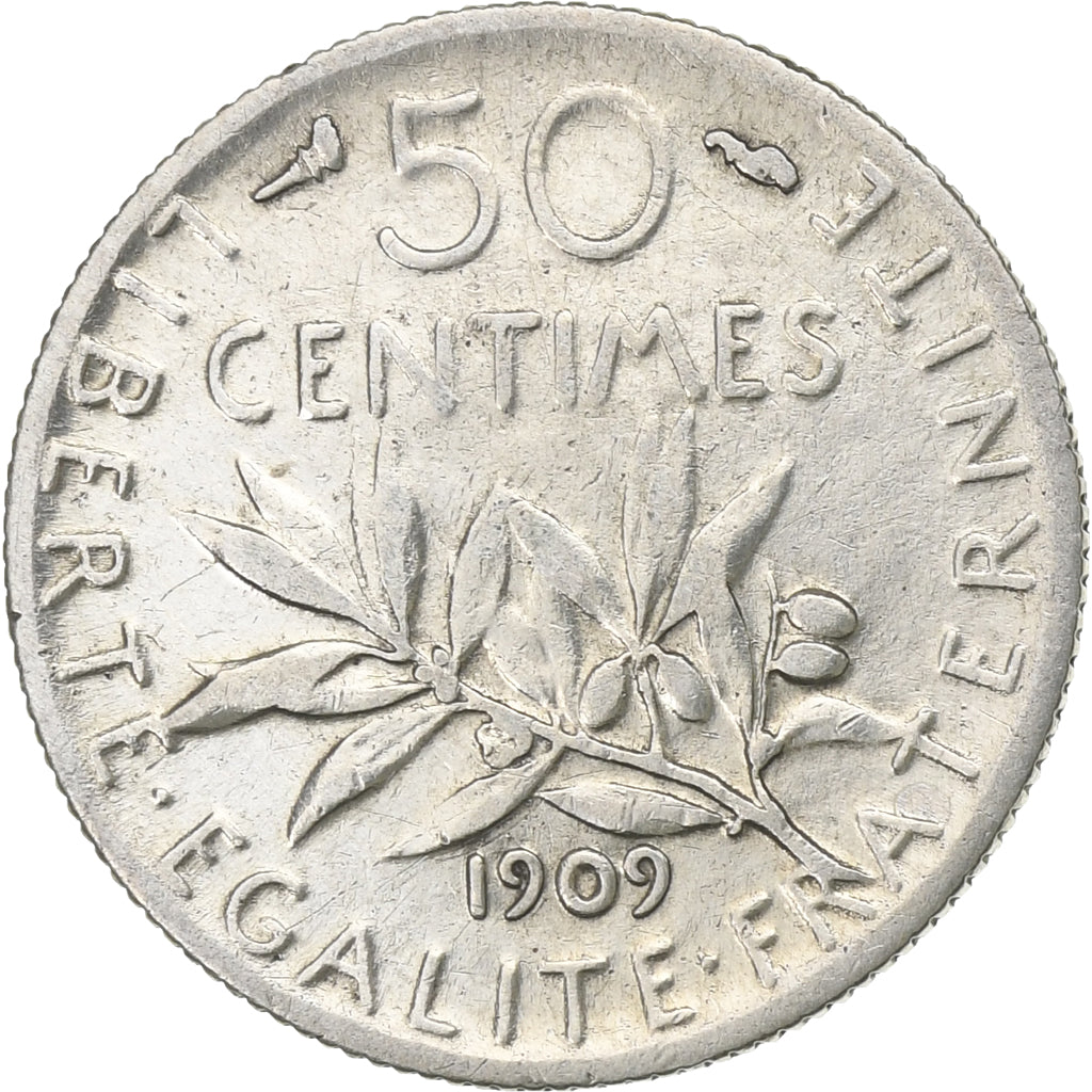 France, 50 Centimes, Semeuse, 1909, Paris, Silver, AU(50-53), Gadoury:420