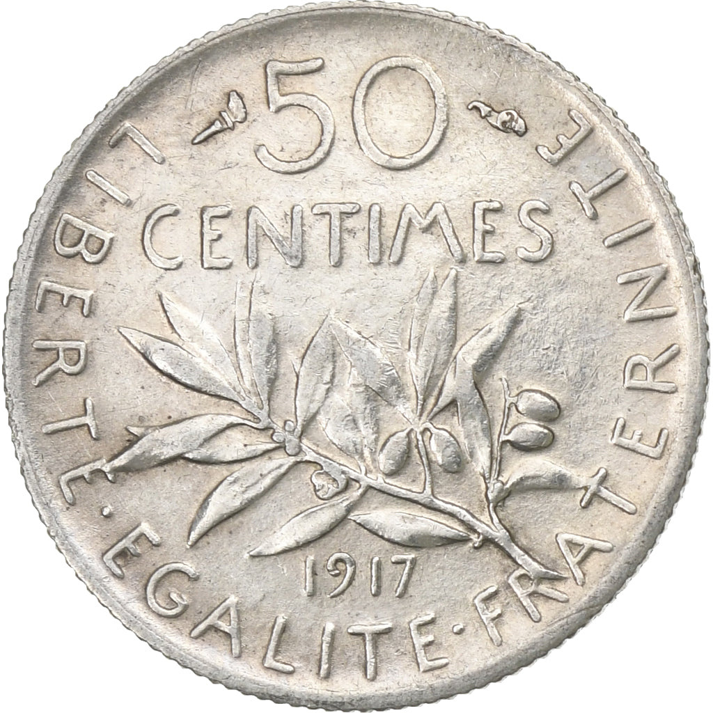 France, 50 Centimes, Semeuse, 1917, Paris, Silver, AU(50-53), Gadoury:420