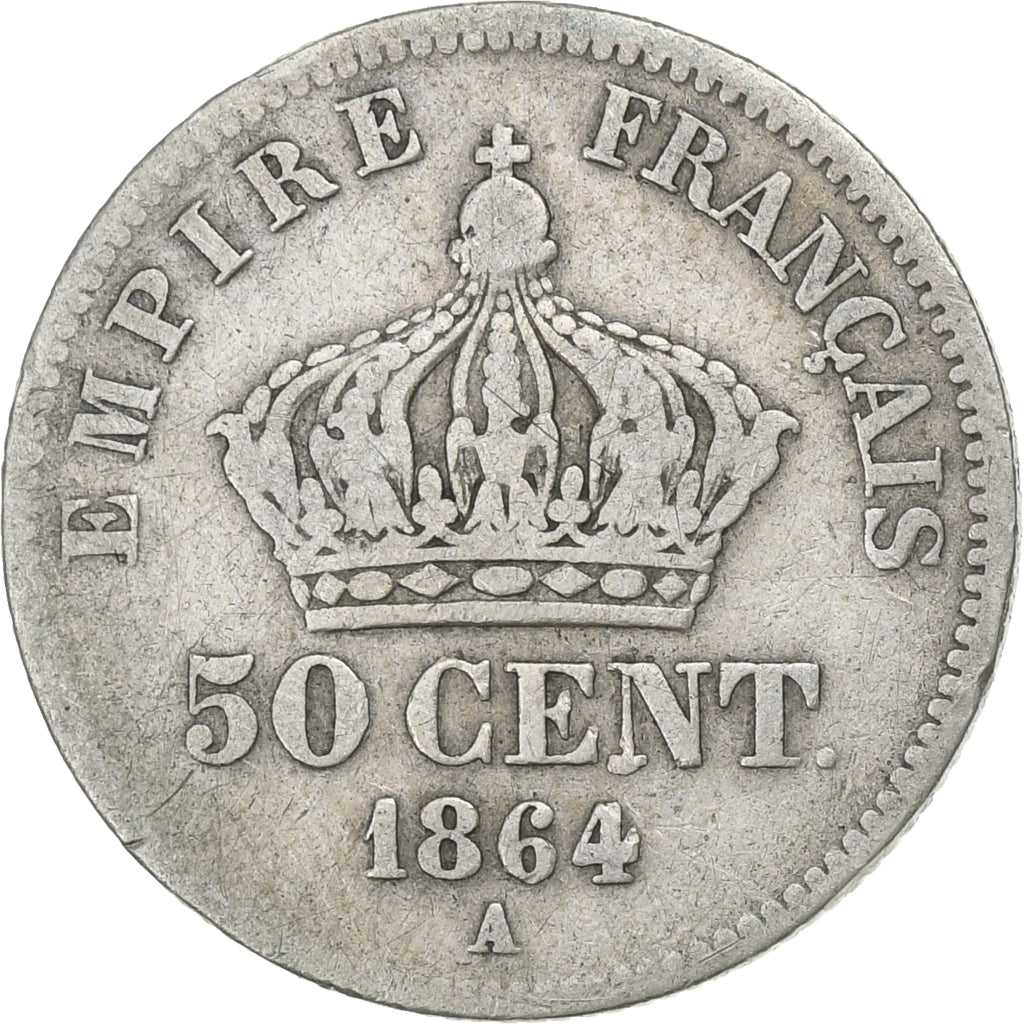 France, Napoleon III, 50 Centimes, Napoléon III, 1864, Paris, Silver