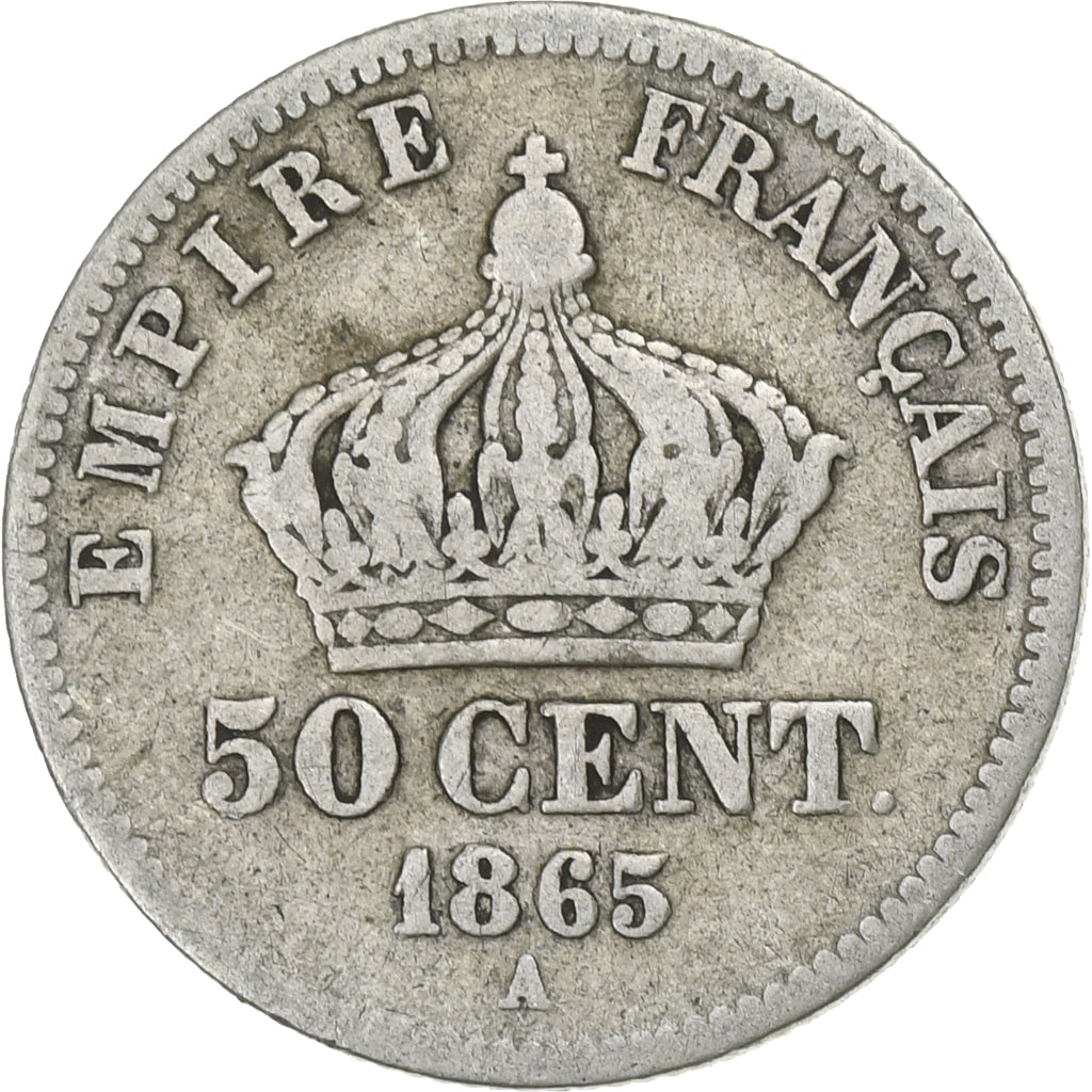 France, Napoleon III, 50 Centimes, Napoléon III, 1865, Paris, Silver