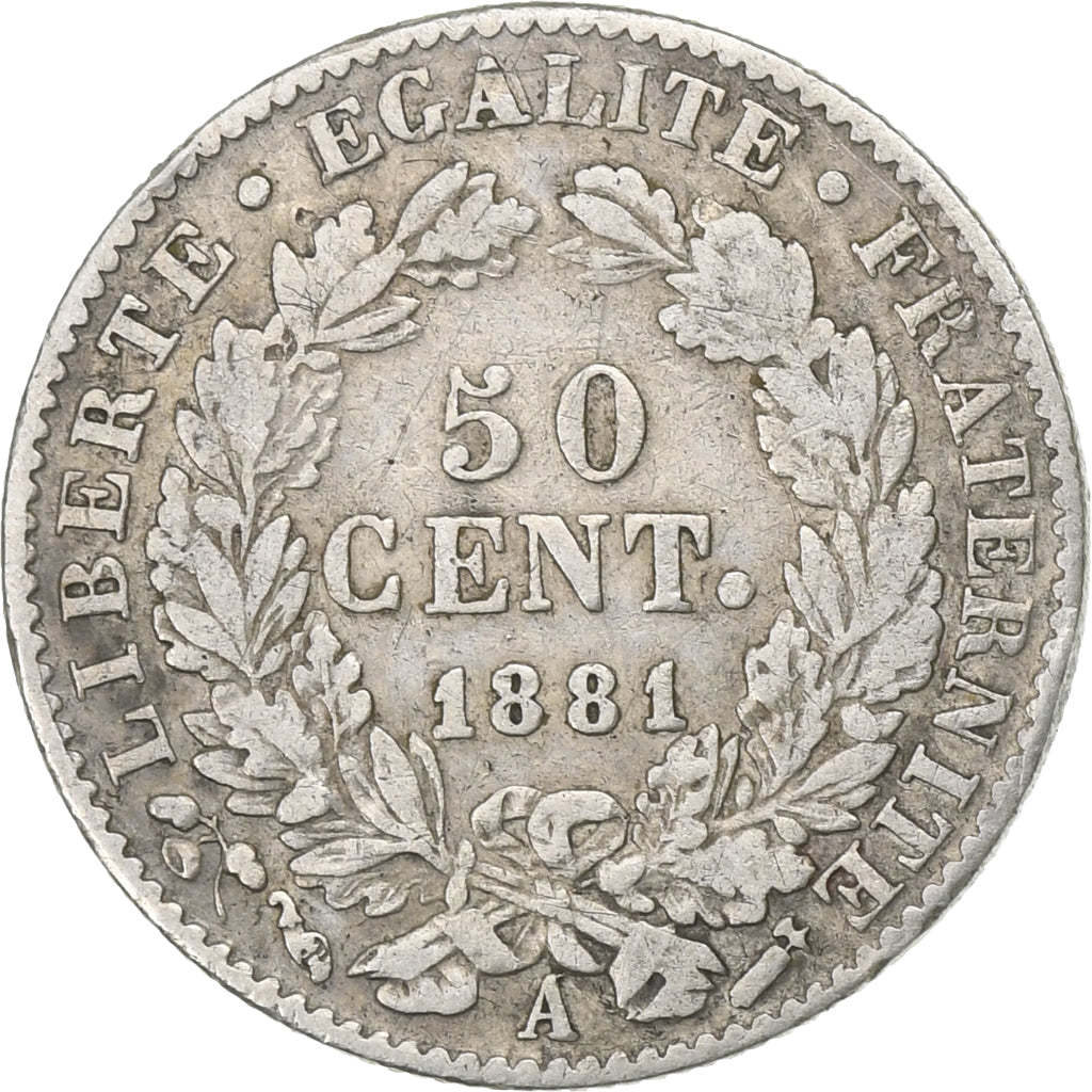 France, 50 Centimes, Cérès, 1881, Paris, Silver, VF(20-25), Gadoury:419a