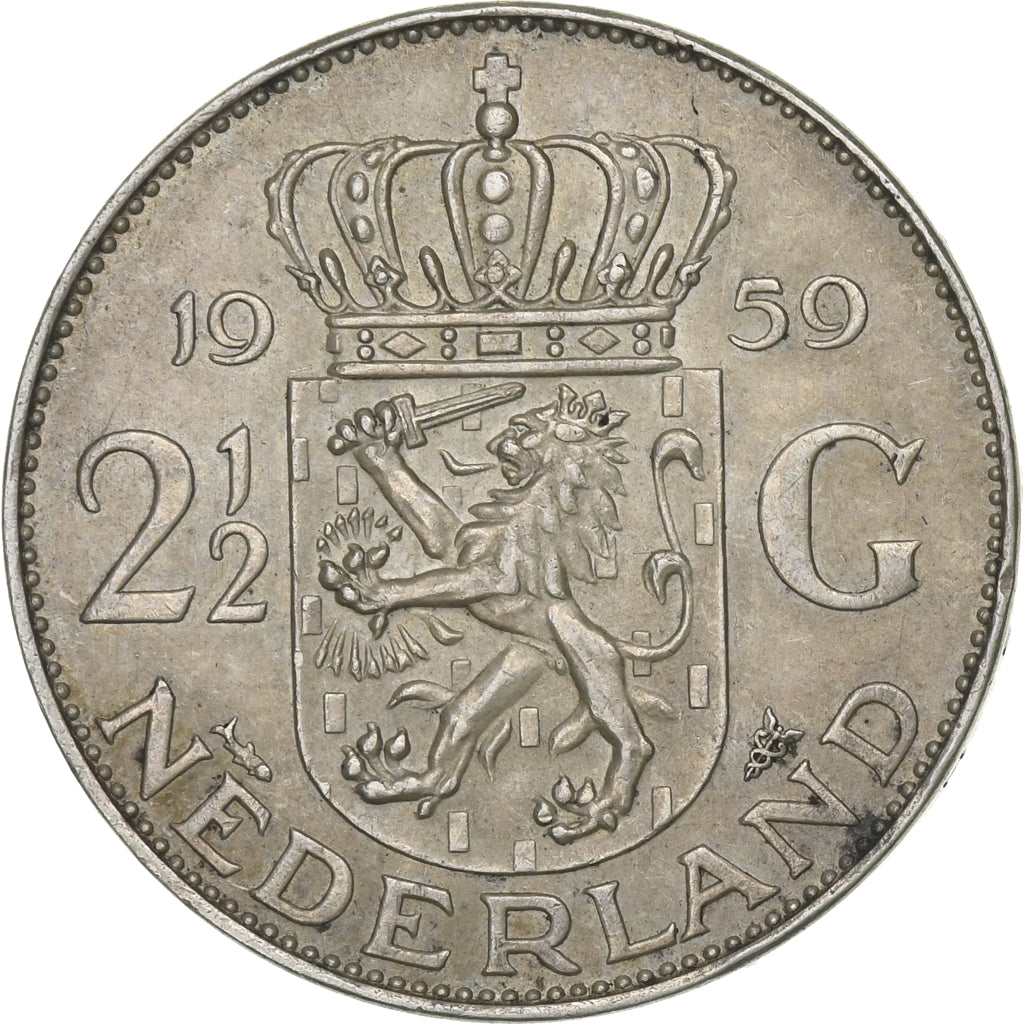 Netherlands, Juliana, 2-1/2 Gulden, 1959, AU(55-58), Silver, KM:185