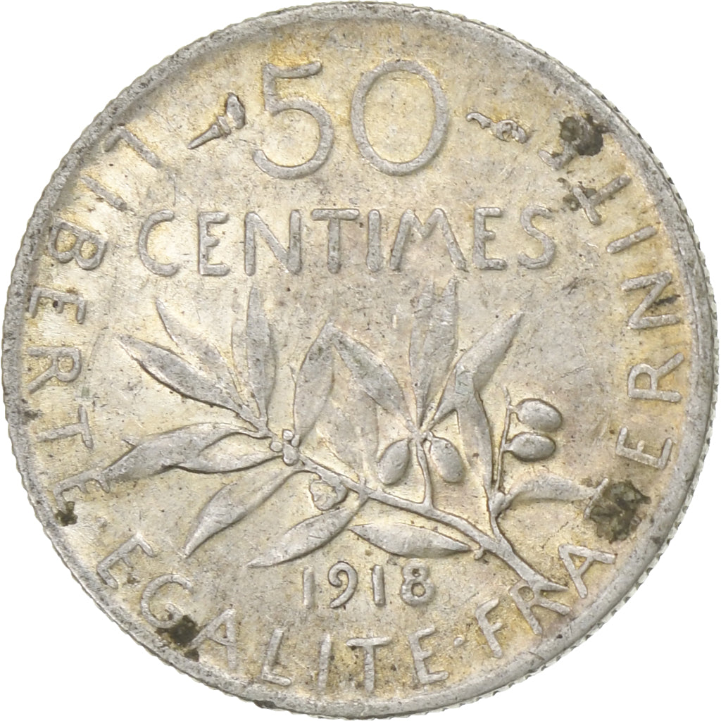 Frankreich, 50 Centimes, Semeuse, 1918, Paris, Silber, SS, Gadoury:420, KM:854